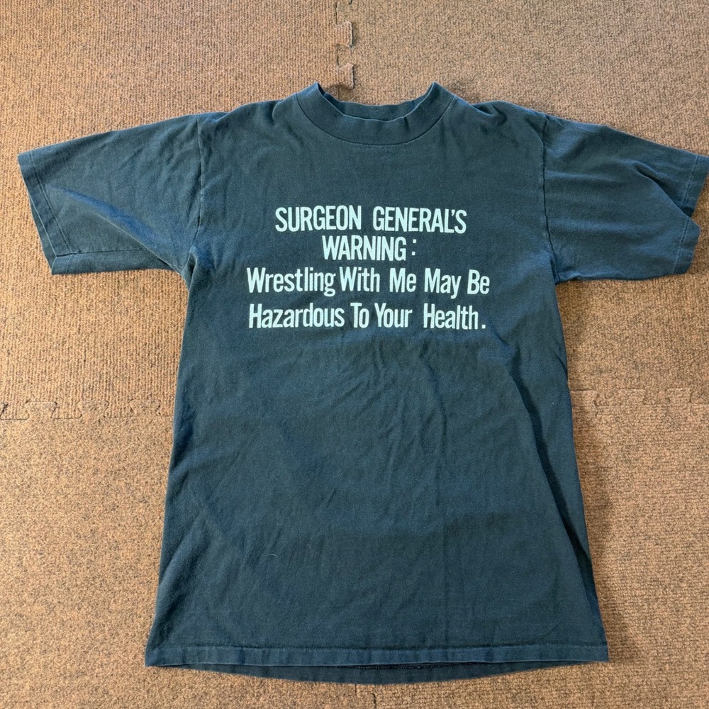 Vintage Oneita Power-T Wrestling Surgeon General Warning T-Shirt Men L Black USA